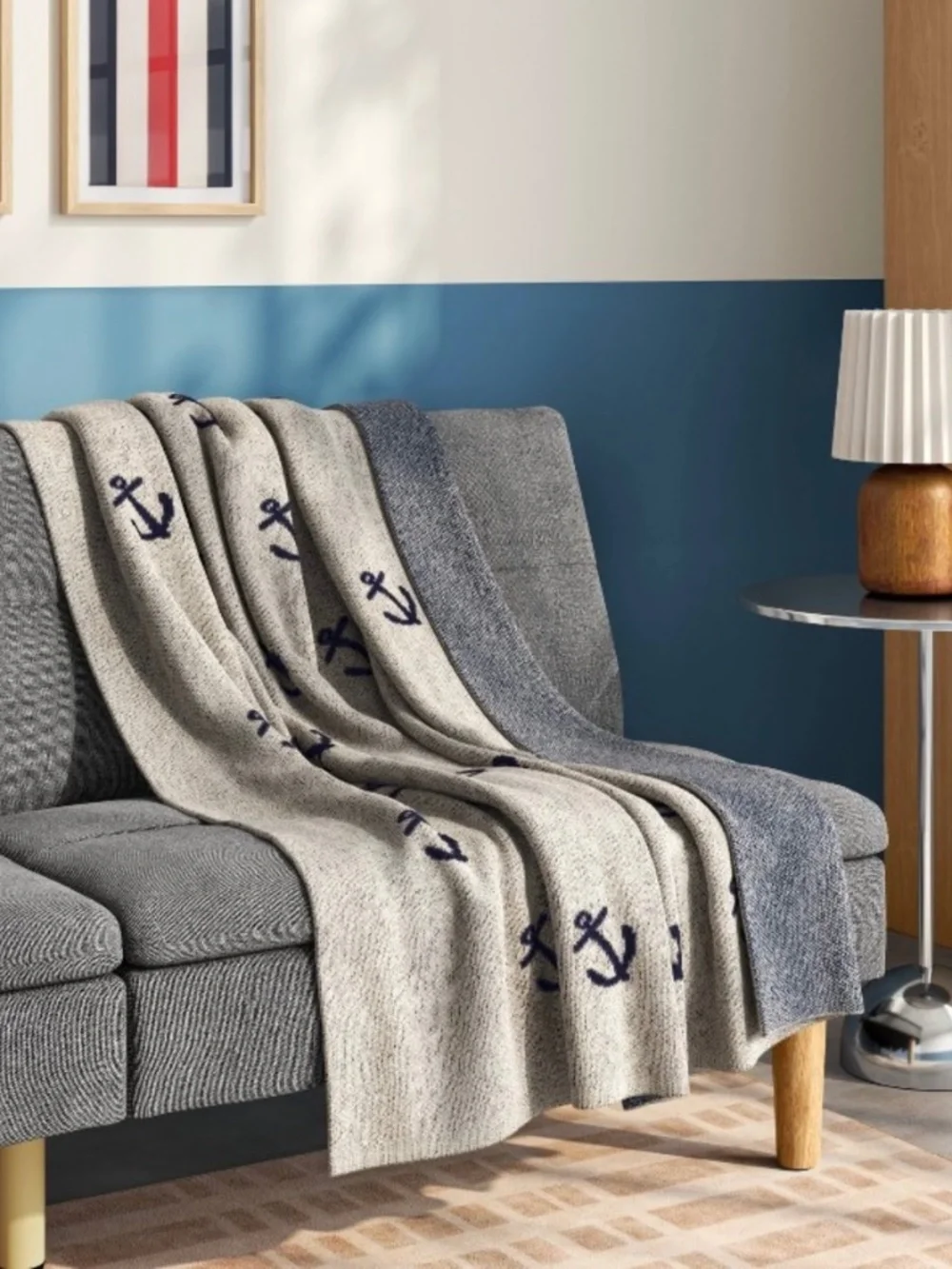 Knitted Anchor Throw Blanket Grey/Blue Coastal - Room Essentials